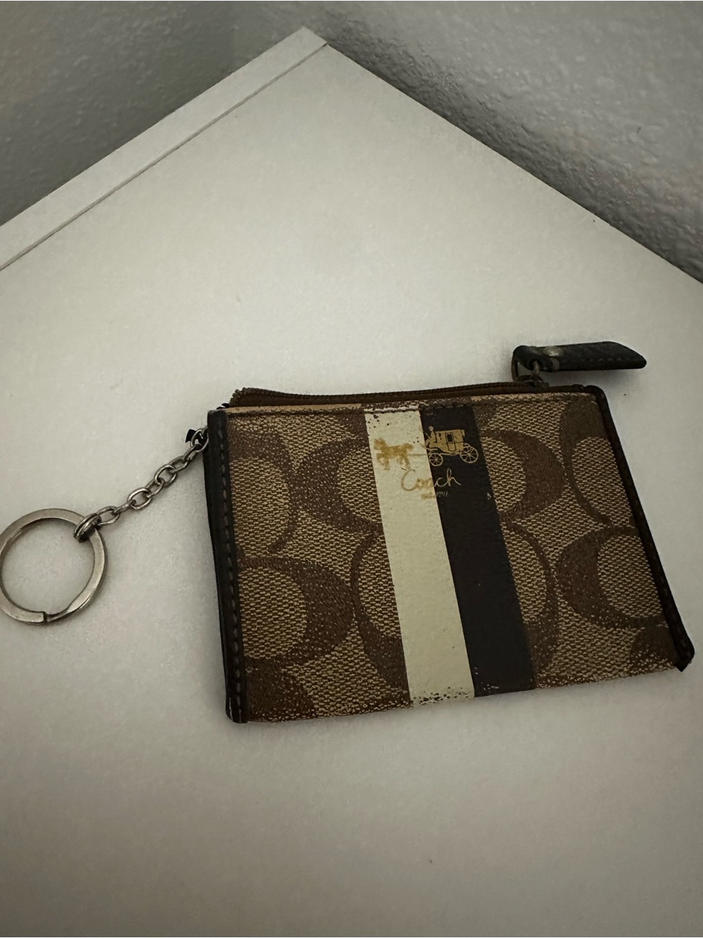 Coach Brown Signature Stripe Card & Key Holder